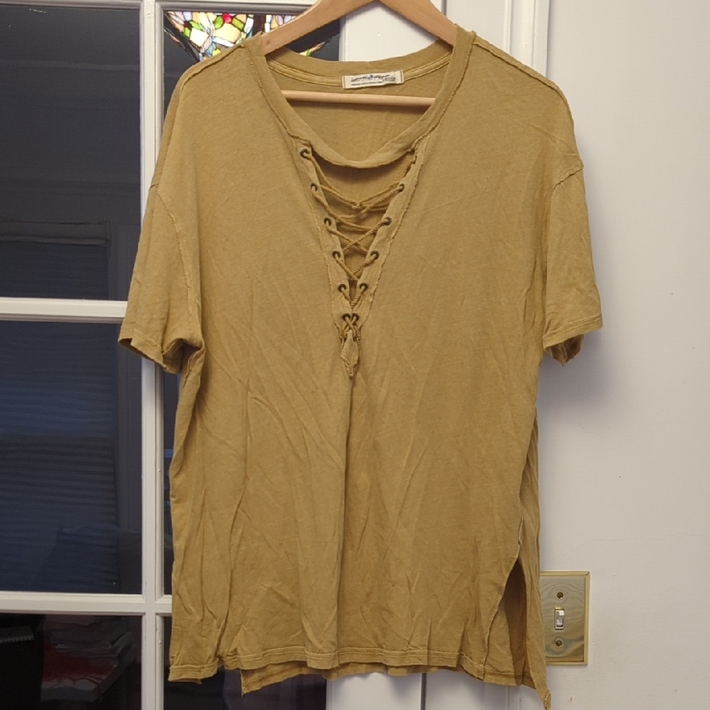 We The Free By Free People Lace-Up Short Sleeve Tan Top Size Medium